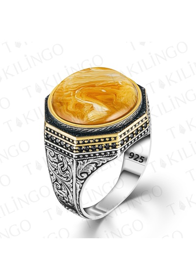 Takılingo 925 Ayar Gümüş Yuvarlak Sarı Kehribar Taşlı Erkek Yüzük Gümüş