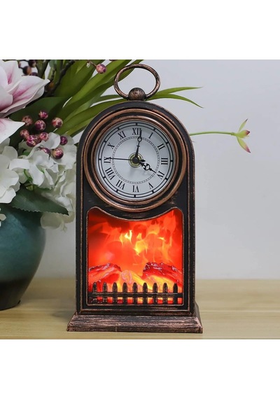 Dekoratif Şömine Saat Led Alevli Elektirkli Pilli 27cm