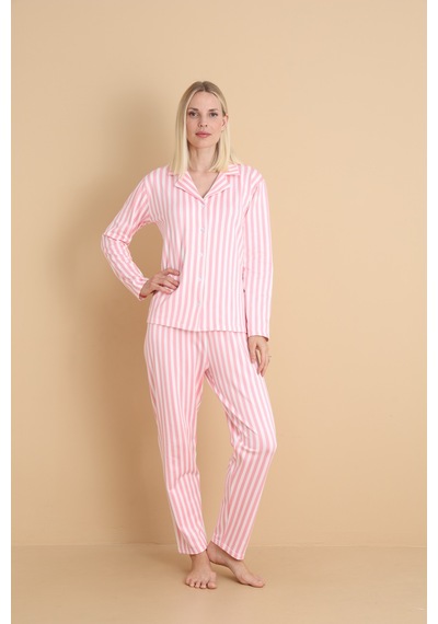 Wordex Mirano 9801 Şardonlu Soft Kışlık Düğmeli Çizgili Kadın Pijama Takım Pembe
