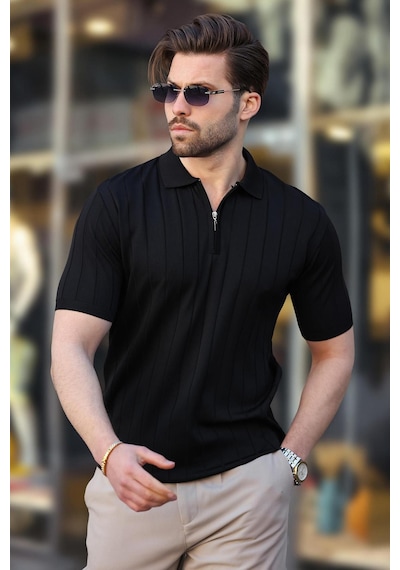 Madmext Madmext Siyah Polo Yaka Fermuarlı Erkek T-shirt E7298 Siyah
