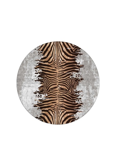 Frenda Home Zebra Desen Pamuk Taban Baskılı Yuvarlak Halı Gri