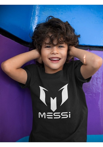 Sevbano Messi Baskılı Unisex Futbolcu Çocuk Tişört 1-12 Yaş SIYAH