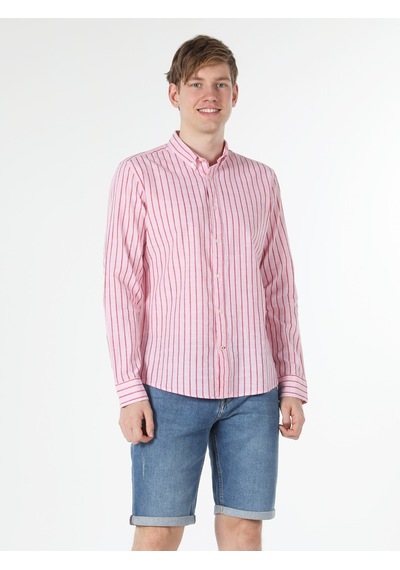 Colin's Slim Fit Çizgili Pembe Erkek Uzun Kol Gömlek CL1057795_Q1.V1_PIN Pembe