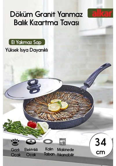 34 Cm Granit Döküm Yanmaz Yapışmaz Balık Kızartma Tavası Çok Renkli