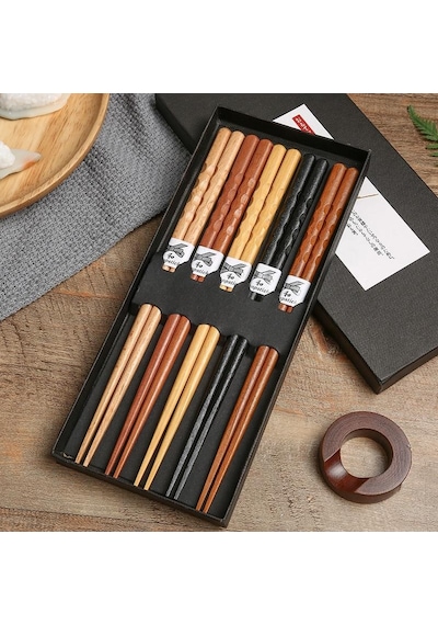 Valkyrie 5 Çift Doğal Ahşap Japon Yemek Çubuğu Seti 22,4 Cm Kaymaz El Oyması Kutulu Chopstick Seti