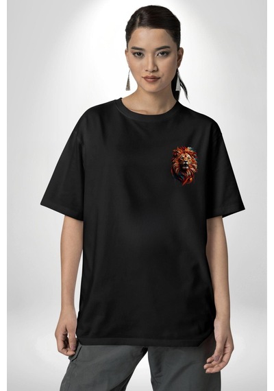 Renkli Yağlı Boya Aslan Siyah Oversize Unisex Ön Ve Sırt Baskılı Tişört Siyah
