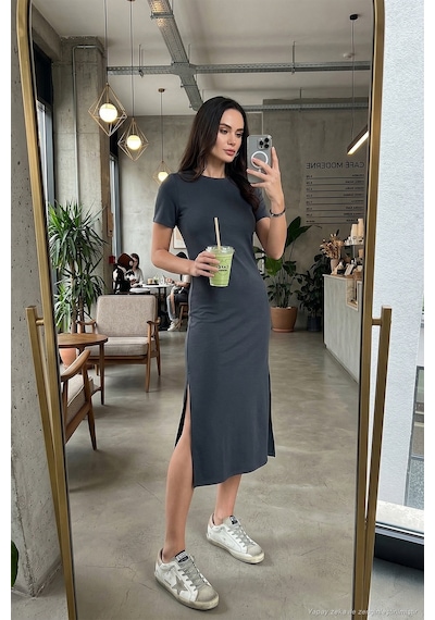 Lela Regular Fit Bisiklet Yaka Yırtmaç Detaylı Midi Bayan Elbise 5866165 Füme