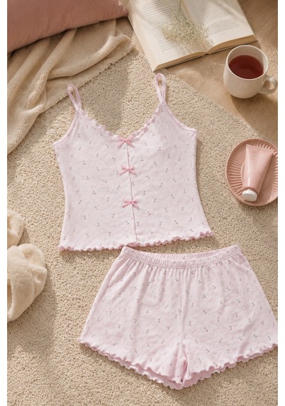 Koza İç Giyim Kadın İnce Askılı Fiyonklu Pamuklu Şortlu Pijama Takımı Kk30228 Pembe - Ekru
