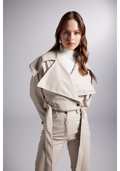 Holly Lolly Crop Model Astarlı Kemerli Neeko Deri Ceket Bej