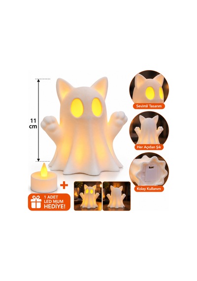 Kedi Kulaklı Hayalet Led Gece Lambası Dekoratif Işık, 11 Cm, 1 Adet Led Mum Hediyeli Renkli