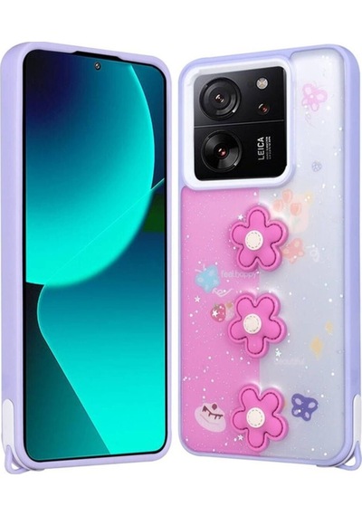 Xiaomi Mi 13t Kılıf Parlayan Simli Kabartma Figürlü Zore Cevze Kapak Mor Papatya