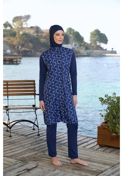Estiva 25944 Lacivert Fermuarlı Geometrik Desenli Tam Boy Tesettür Mayo Lacivert