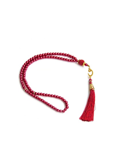 Canım Annem Nakışlı Anneler Günü Hediyesi, Kadife İpek Dokulu Keseli Seccade Ve İnci Tesbih Seti - Kırmızı