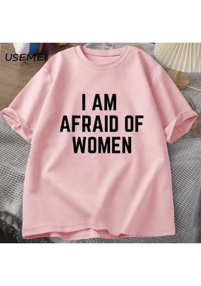 Flood Of Style Ben Korkuyorum Kadın T Shirt Erkekler İçin Komik Adam Pamuk Tişörtleri Yaz Rahat Kısa Kollu T Pembe