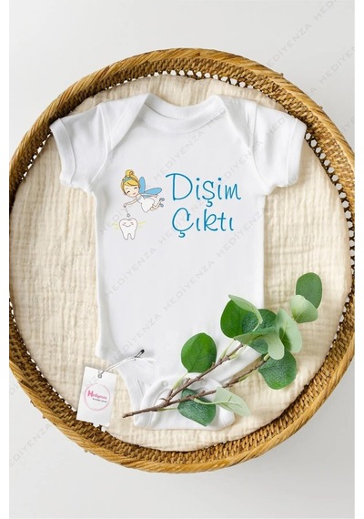 Hediyenza Dişim Çıktı Mavi Özel Tasarım Bebek Zıbın Pamuklu Çıtçıtlı Body Beyaz