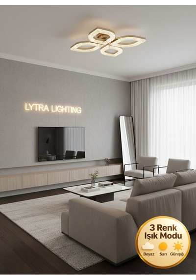 Yonca Model Gold 4"lü Ledli 3 Renk Modu Kristal Salon Mutfak Yatak Çocuk Odası Avize Altın