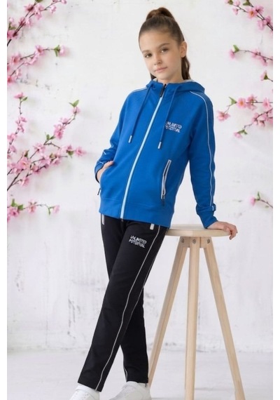 Pina Kids Kız Çocuk Unlimited Şeritli Kapüşonlu Düz Paça Reglan Kol Dalgıç Kumaş Eşofman Takımı Esf7013 Mavi