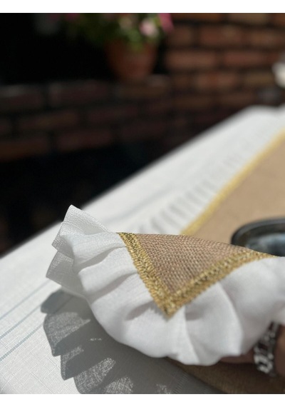 Diletto Hasır Jüt Kumaş Gold Şeritli Tül Fırfırlı Runner Hasır Kahve