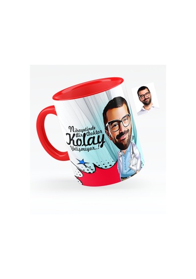 Kişiye Özel Bay Doktor Karikatürlü Kırmızı Kupa Bardak - 5