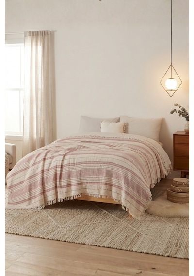 Natura Soft Ekru 4 Kat Müslin Çift Kişilik Yatak Örtüsü 220x230 Cm %100 Pamuk Çok Amaçlı Koltuk Örtüsü Ve Tv Battaniyesi Gül Kurusu