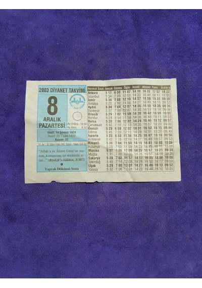8 Aralık 2003 Takvim Yaprağı - Nostaljik Koleksiyonluk Takvim Yaprağı
