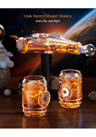 Kollea Uzay Gemisi Viski Karaf Seti 2 Manyetik Meşe Kadeh, Ahşap Stand, Sci-fi Temalı Hediye Sürahiler