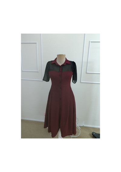 Butik İstanbul Kadın Kısa Kollu Yakalı Önden Düğmeli Midi Ithal Krep Elbise Bordo