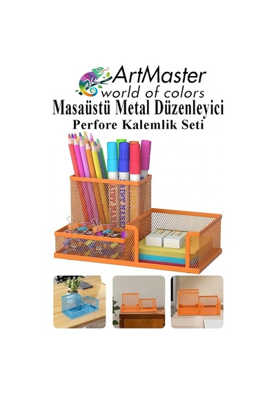 Turuncu Masaüstü Metal Kalemlik Seti 3 Lü Kombo 1 Paket Fileli Perfore Renkli Kalemlik Kağıtlık Küpnotluk Düzenleyici Turuncu