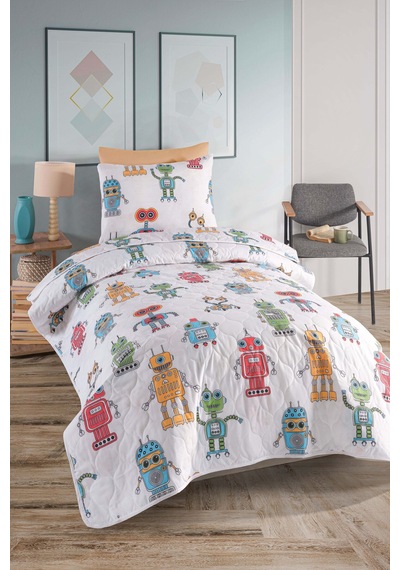 Eponj Home Yatak Örtüsü Seti Tek Kişilik Pamuklu 2 Parça Roboti Desen Beyaz / Yumuşak Dokulu Beyaz