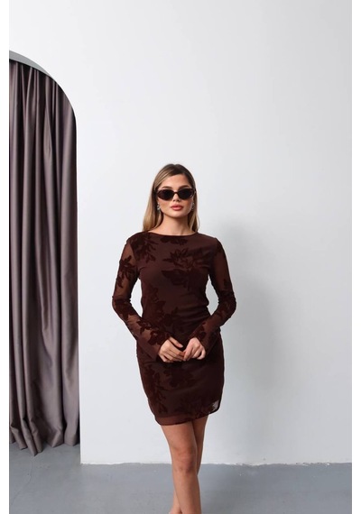 Kechi Woman Tül Kabartmalı Astarlı Mini Elbise Kahverengi
