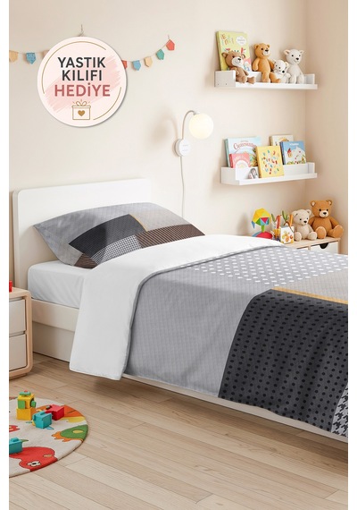 Gri Geometrik Genç Odası Tek Kişilik Pike Takımı - Antrasit Bakır 160x220 Cm Kapitone Yatak Örtüsü Kırık Nehir Harmonu