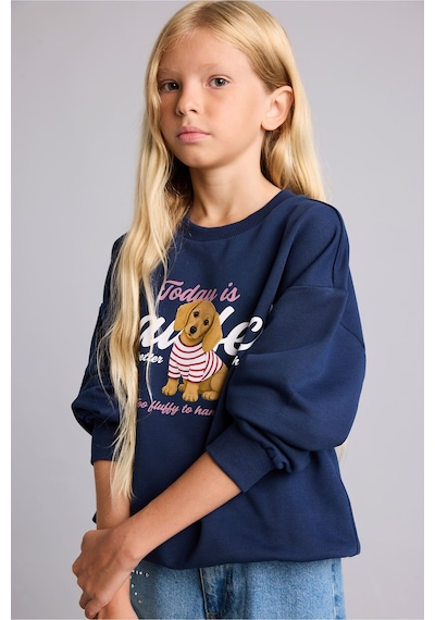 Defacto Relax Fıt Bisiklet Yaka Hayvan Desenli Sweatshirt Kız Çocuk I4159a826aunv244 Lacivert-nv244