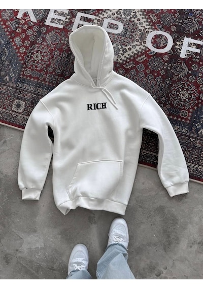 Efnaz Style Uzun Kol Kapşonlu Göğüs Baskılı Sweatshirt - Beyaz