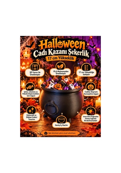 Halloween Cadı Kazanı Şekerlik 17cm Dekoratif Kase Siyah Siyah