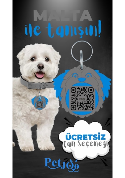 Petjoo 12.Malta Mavi-Gri Qr'lı Köpek Künyesi