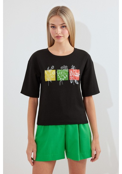 Hiccup Bdart Baskılı Yuvarlak Yaka T-shirt Siyah