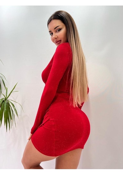 Pink Life Kırmızı Buzzy Simli Kumaş Kruvaze Yaka Mini Elbise Kırmızı