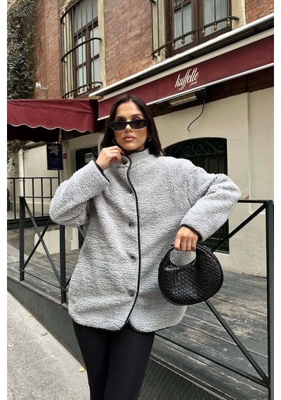 Myloore Gri Kadın Peluş Düğmeli Oversize Ceket Yumuşak Dokulu Mlb134