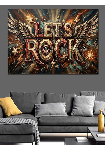 Kanatlı Let's Rock Müzik Yazısı Dekoratif Kanvas - Mdf Ahşap Tablo