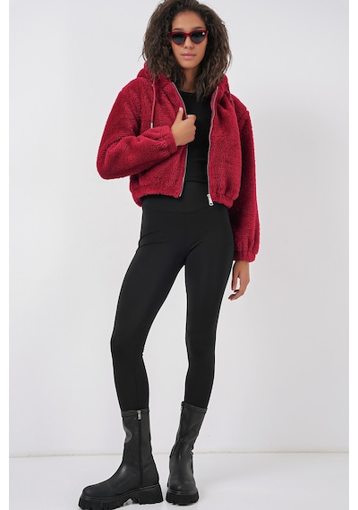 Bigdart 5193 Kapüşonlu Peluş Crop Ceket - Bordo