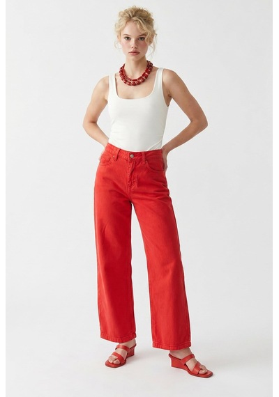 Mixray 2128 Kadın İnce Mevsimlik Yüksek Bel Wide Leg Denim Pantolon Kırmızı