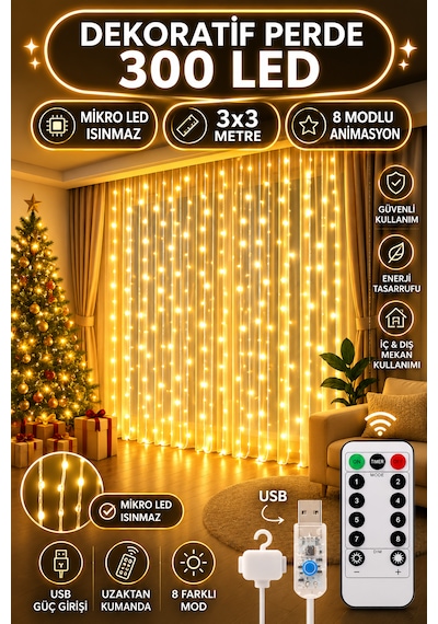 Light Home 3x3 Metre 300 Led Usb Kumandalı Perde Led Sarı Gün Işığı