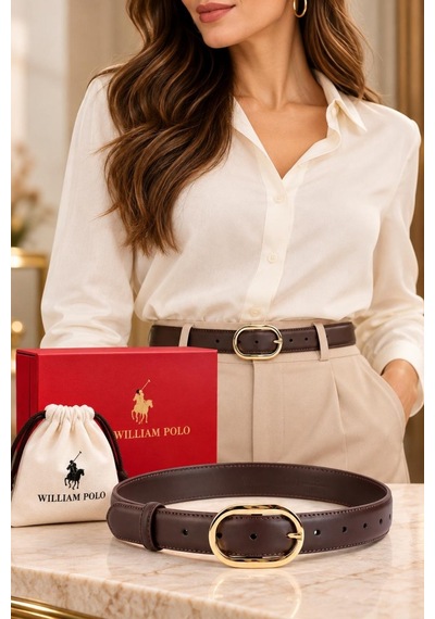 Williampolo Asya Hakiki Deri Gold Toka Kahverengi Kadın Kemer
