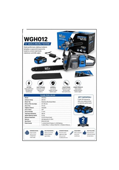 Algaride Wgh012 30cm Kılavuz Akülü Zincirli Testere 20v Çift Bataryalı Kömürsüz Motor Otomatik Yağlama