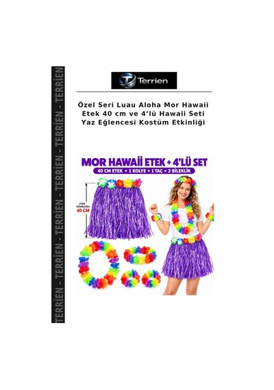 Terrien Özel Seri Luau Aloha Mor Hawaii Etek 40 Cm Ve 4 Lü Hawaii Seti Yaz Eğlencesi Kostüm Etkinliği