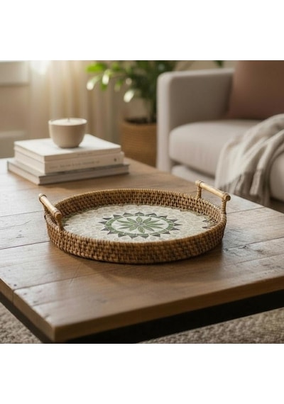 Akayev Sedefli Rattan Tepsi Kahverengi 28cm Çok Rengi