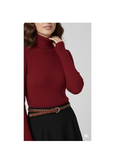 Sonbaharmoda Kadın Boğazlı Likralı Triko Badi Parmak Geçmeli Kol, Tek Beden,100% Akrilik Kırmızı