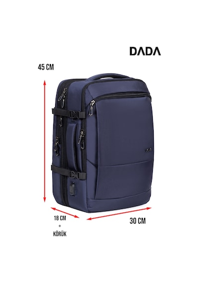 Körüklü Laptop Sırt ve Seyahat Çantası 15,6 İnç 40 Litre Usb Su Geçirmez Kumaş Lacivert Dada 12