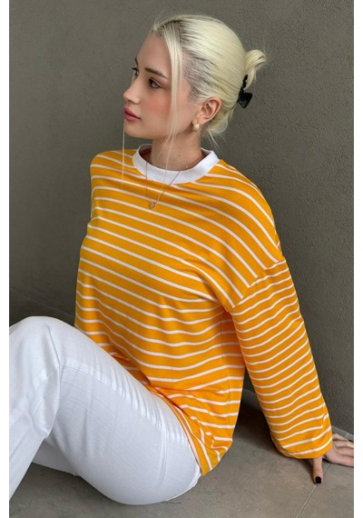 Hardal Bisiklet Yaka Çizgili Uzun Kollu Tişört Mg2362 Hardal