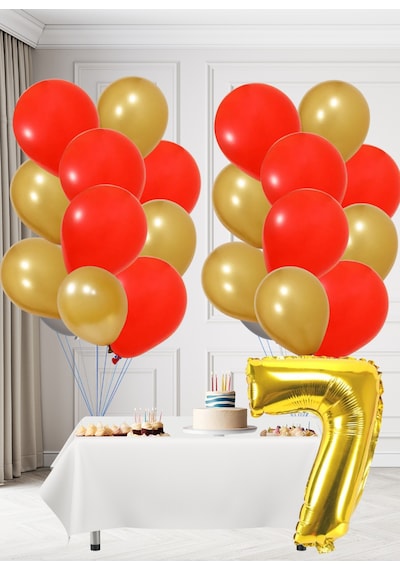 7 Yaş Sarı Kırmızı Taraftar Temalı Doğum Günü Seti Altın Kırmızı Balonlar Altın Folyo Rakam Altın